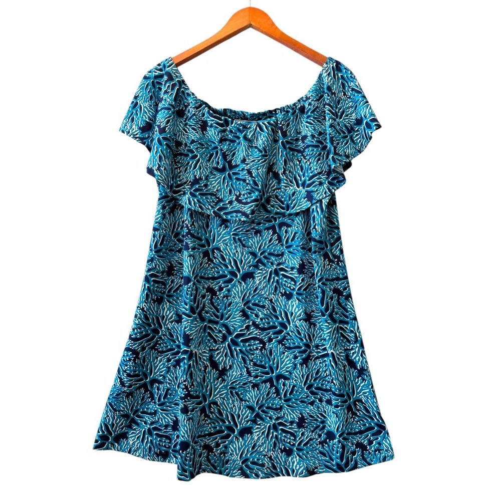 La Mer Luxe Blue Coral Reef Print Ruffle Off Shoulder Dress Size L